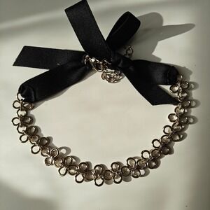 Silver Tone Floral Link Choker Necklace Black Grosgrain Ribbon Bow Whimsigoth